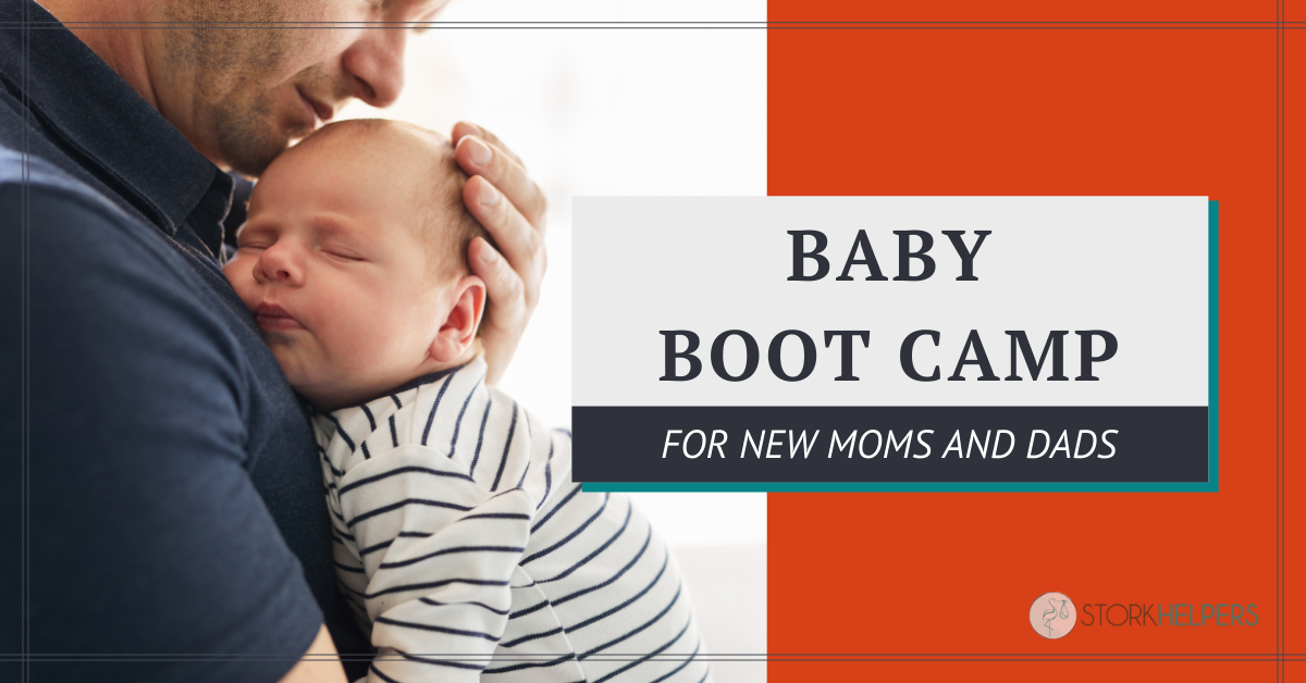 A baby sleeps against her dad's shoulder. Text reads "Baby boot camp for new moms and dads."